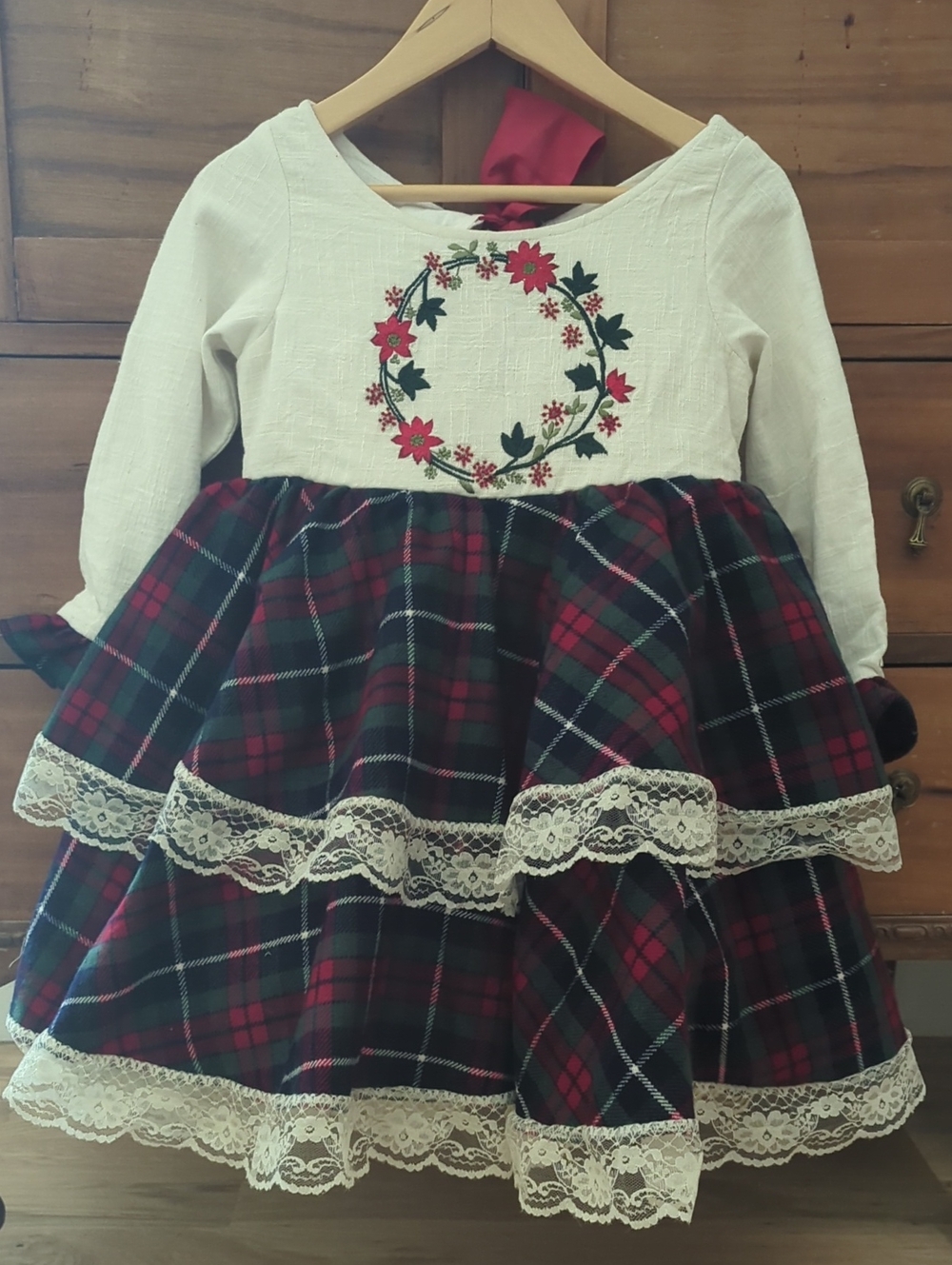 Oh Shana! Girls Red Plaid Holiday Dress with Floral Embroidery